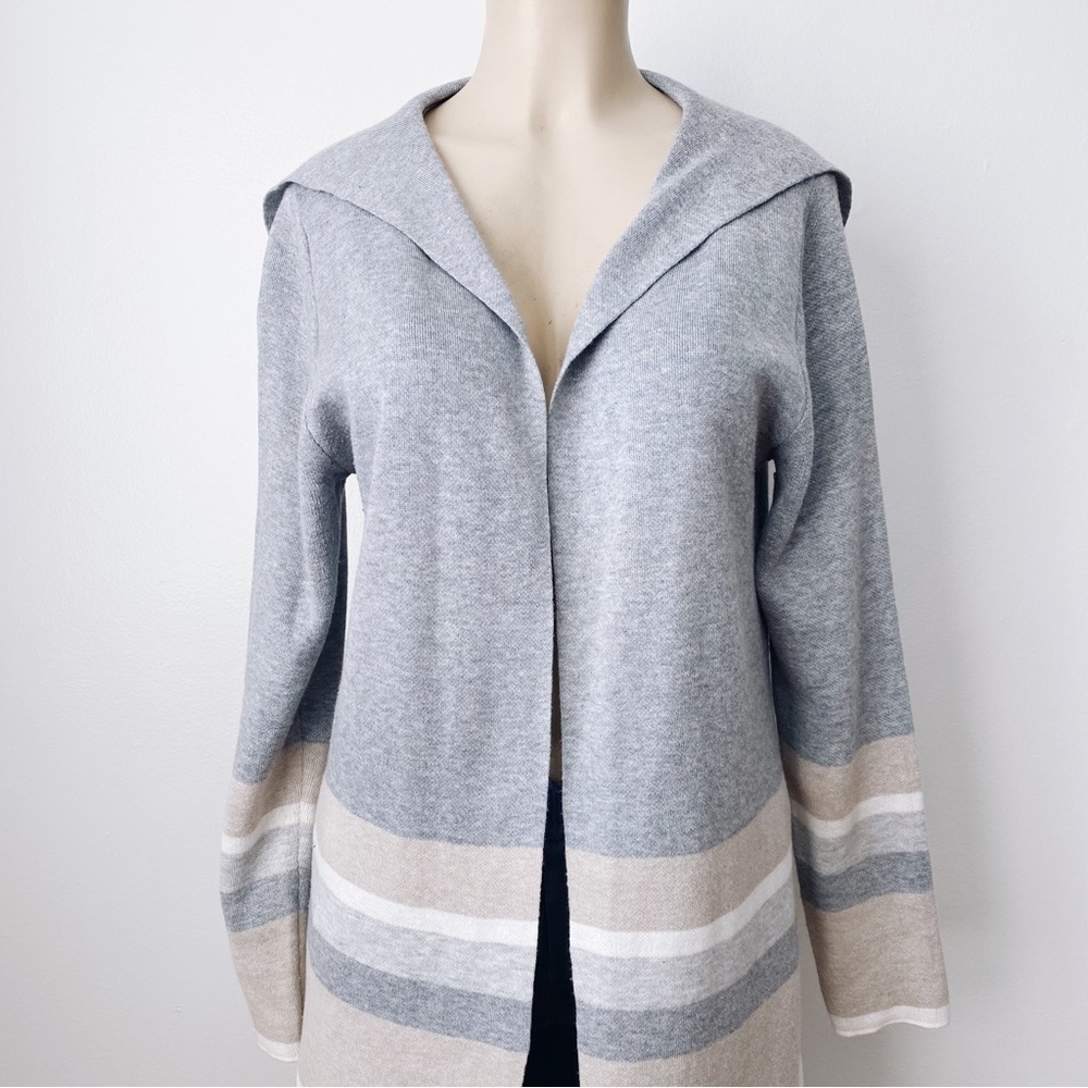 APT9 Long Open Cardigan Color Block Neutral Cozy Knit Wear Relaxed Fit Gray Tan - Picture 2 of 8